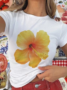 Women T-shirt Crew Neck Short Sleeve Flower Print Fit Summer Tops for Casual Daily 3