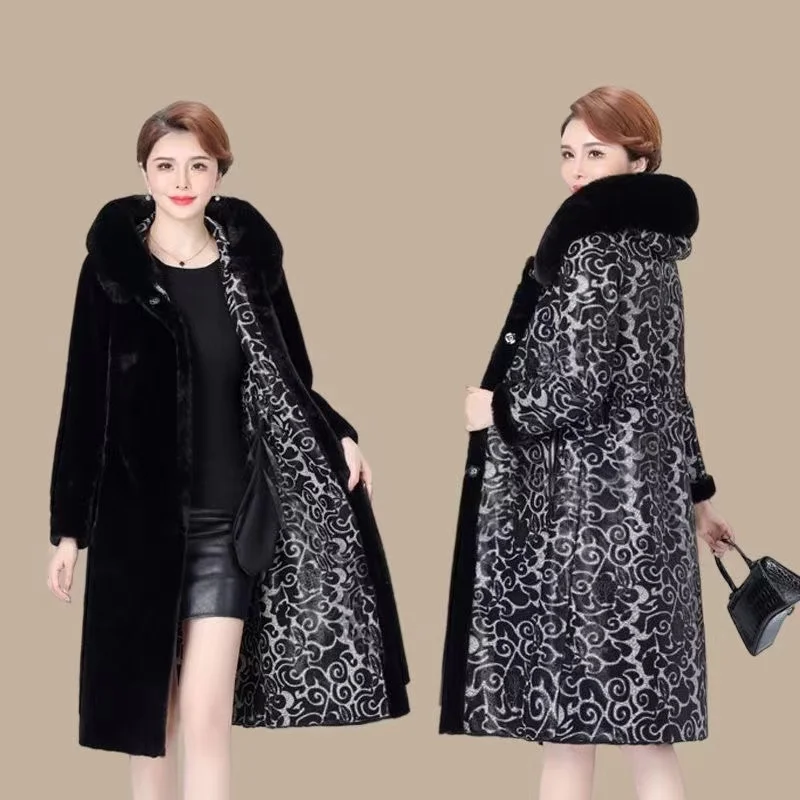 

7XL High Quality Fur Coat Women Two Sides Wear 2024 Mother's Coat Thick Warm Long Jacket With Hood Liner Plush Coat Fur Collar