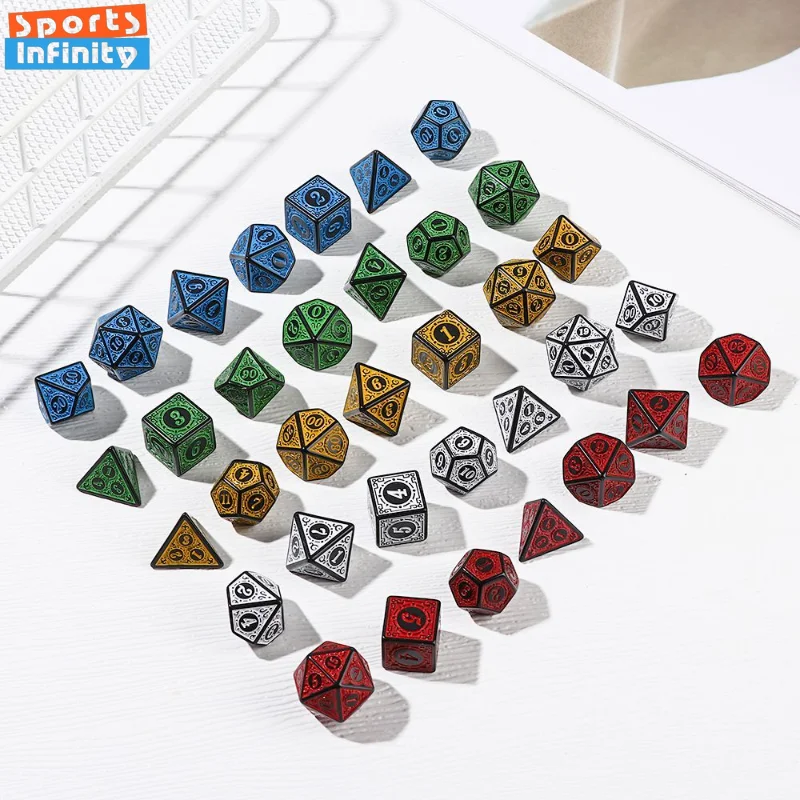 

7 Pcs Kit Polyhedral 6 Sides 20 Faces Carved Ancient Retro Pattern Vintage Dice Set D4 D6 D8 D10 D% D12 D20 for TRPG Party Games