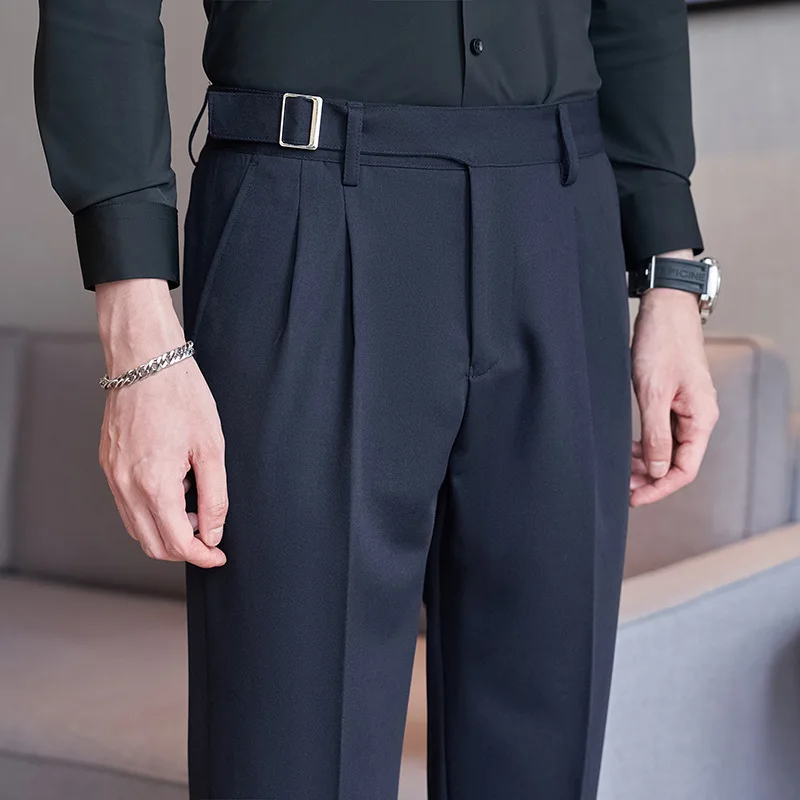 Autumn Winter Belt Decoration Business Dress Pants Men Slim Fit Office Social Casual Suit Pants Wedding Groom Trousers 2023
