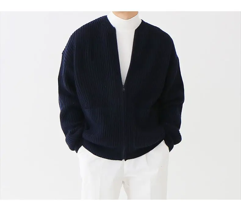 Autumn Winter Fashion Casual Men's Loose Tess Cool Boys Knitted Sweater Cardigan Coat Solid Patchwork Stripes Warm Zipper Coat