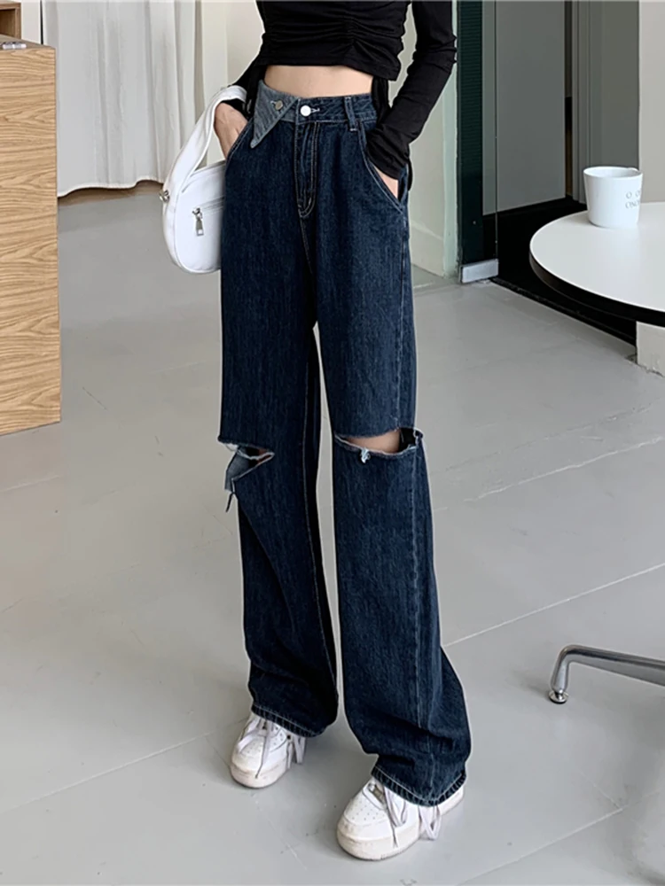 

2022 women's fashion jeans with holes, high waist, straight tube and wide legs