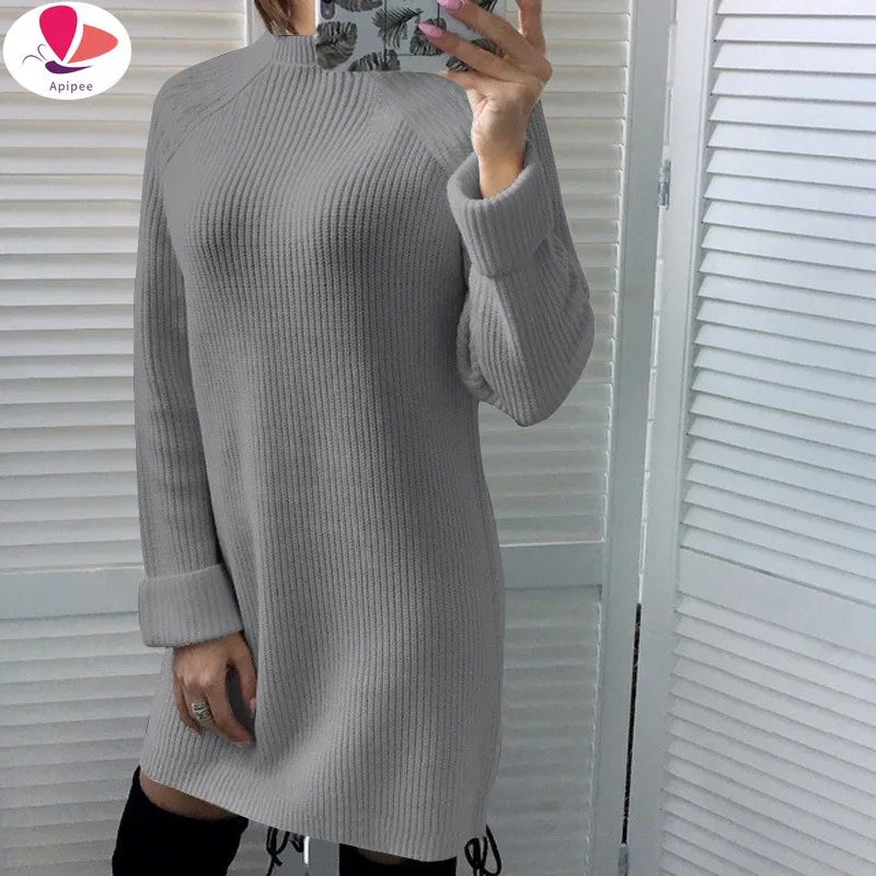 

APIPEE Spring Winter Long Sleeve Women Sweater Dress Fashion Turtleneck Knitted Dresses Casual Mini Dress Vestidos