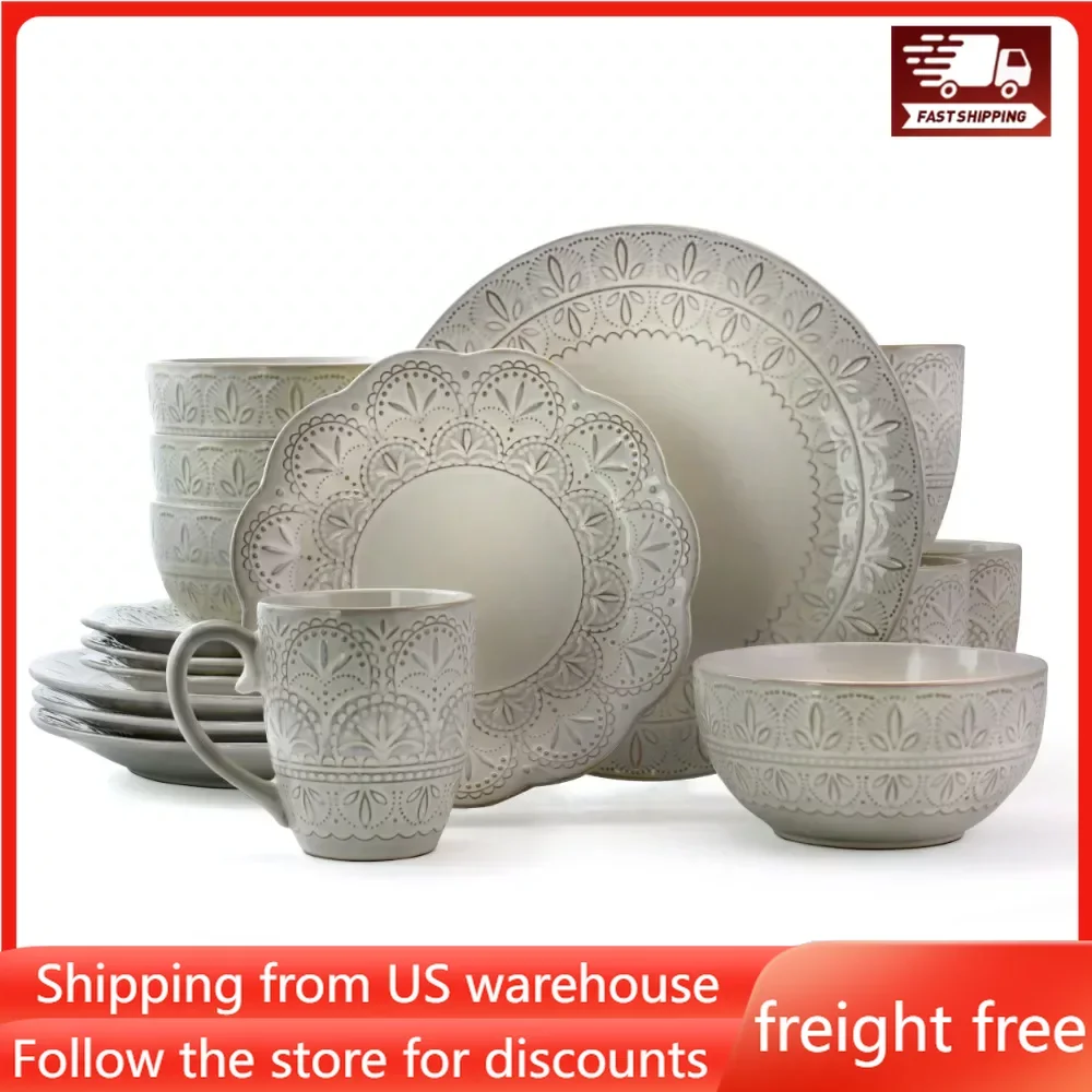 

Tableware Set of Plates Dinner Sets Free Shipping White Lace 16 Piece Luxurious Stoneware Dinnerware With Complete Setting for 4