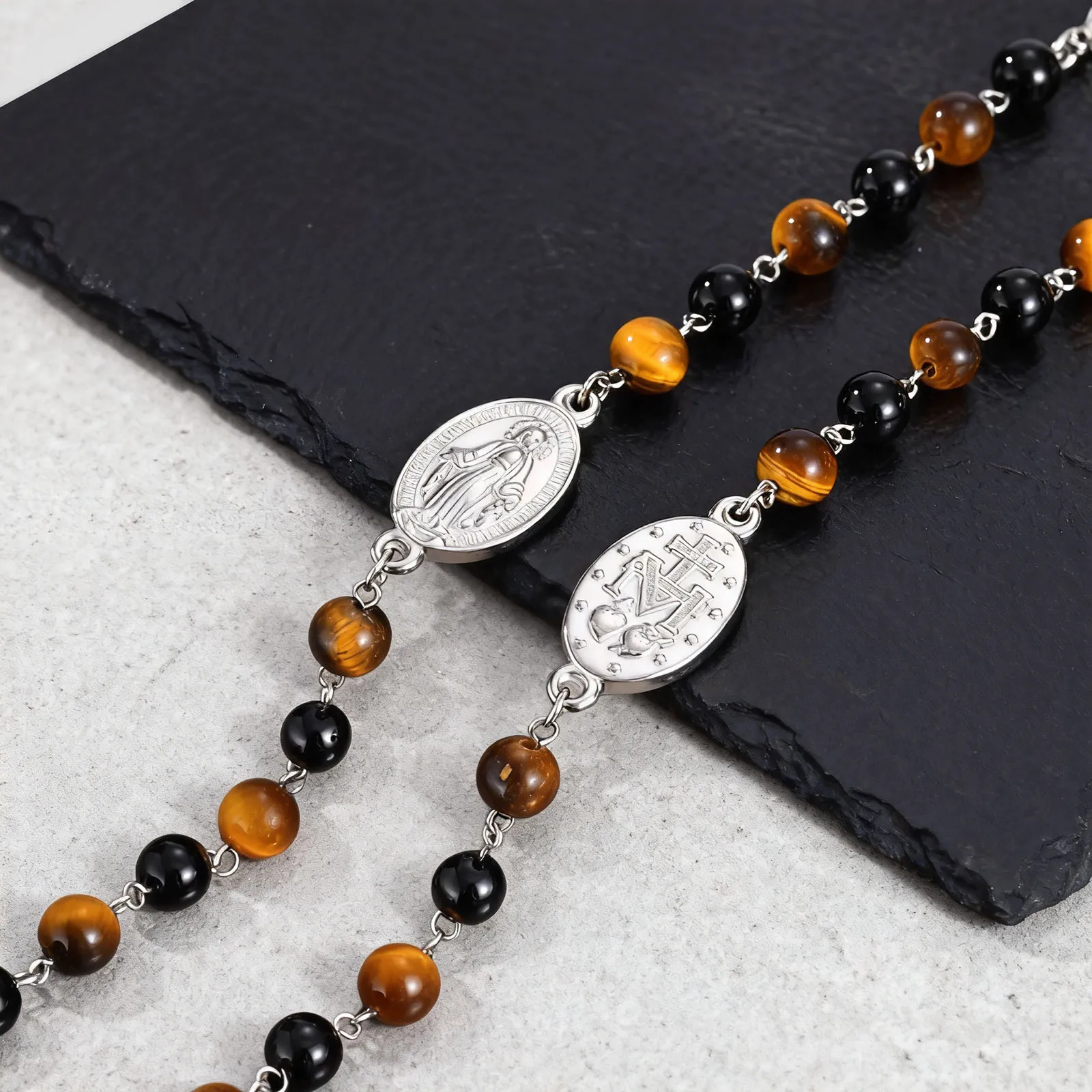 Virgin Mary Bracelet for Men Boys,Natural Tiger Eye Brown Color Stone Beaded Chain Bracelet,Adjustable Prayer Wristband Gift
