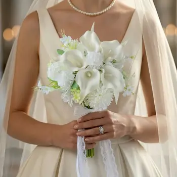 Bouquet da Sposa Romantico con Calla Bianca e Ortensia, Bouquet Artificiale con Nastro in Pizzo, Bouquet da Sposa Artificiale Portatile