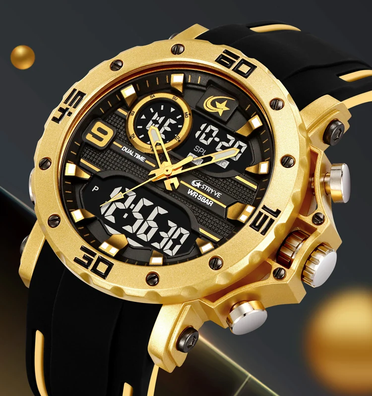 STRYVE Men's Military-Style Waterproof Quartz Watch with LED Dual Display and Alarm
