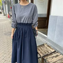 

Casual Women Dress Fashion Simple Long Sleeve Solid Color Patchwork Pullover Round Neck High Waist Spring Fall A-line Lady Dress