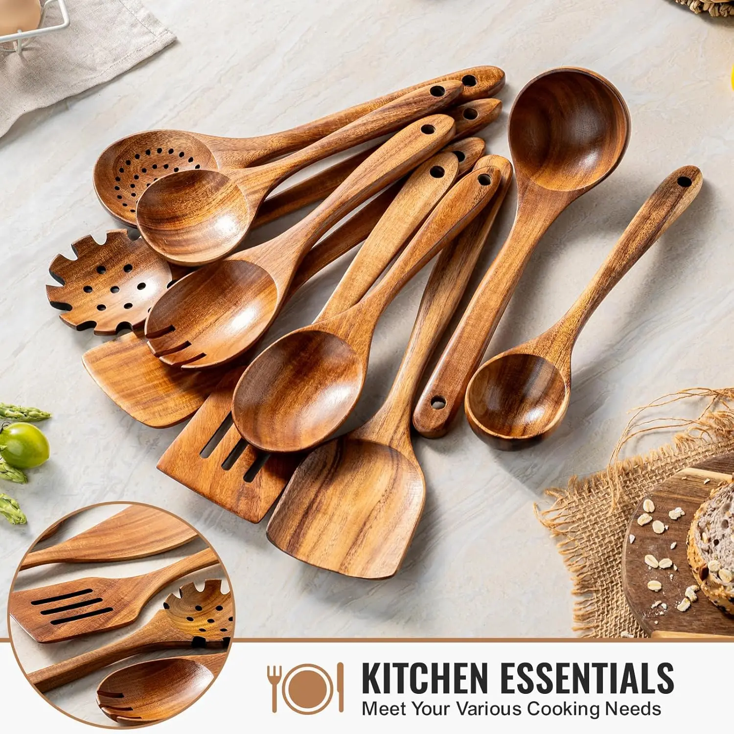 10-Piece Natural Teak Wooden Kitchen Utensil Set, Durable Non-Stick Cooking Spoons with Comfort Grip and Smooth Finish 3