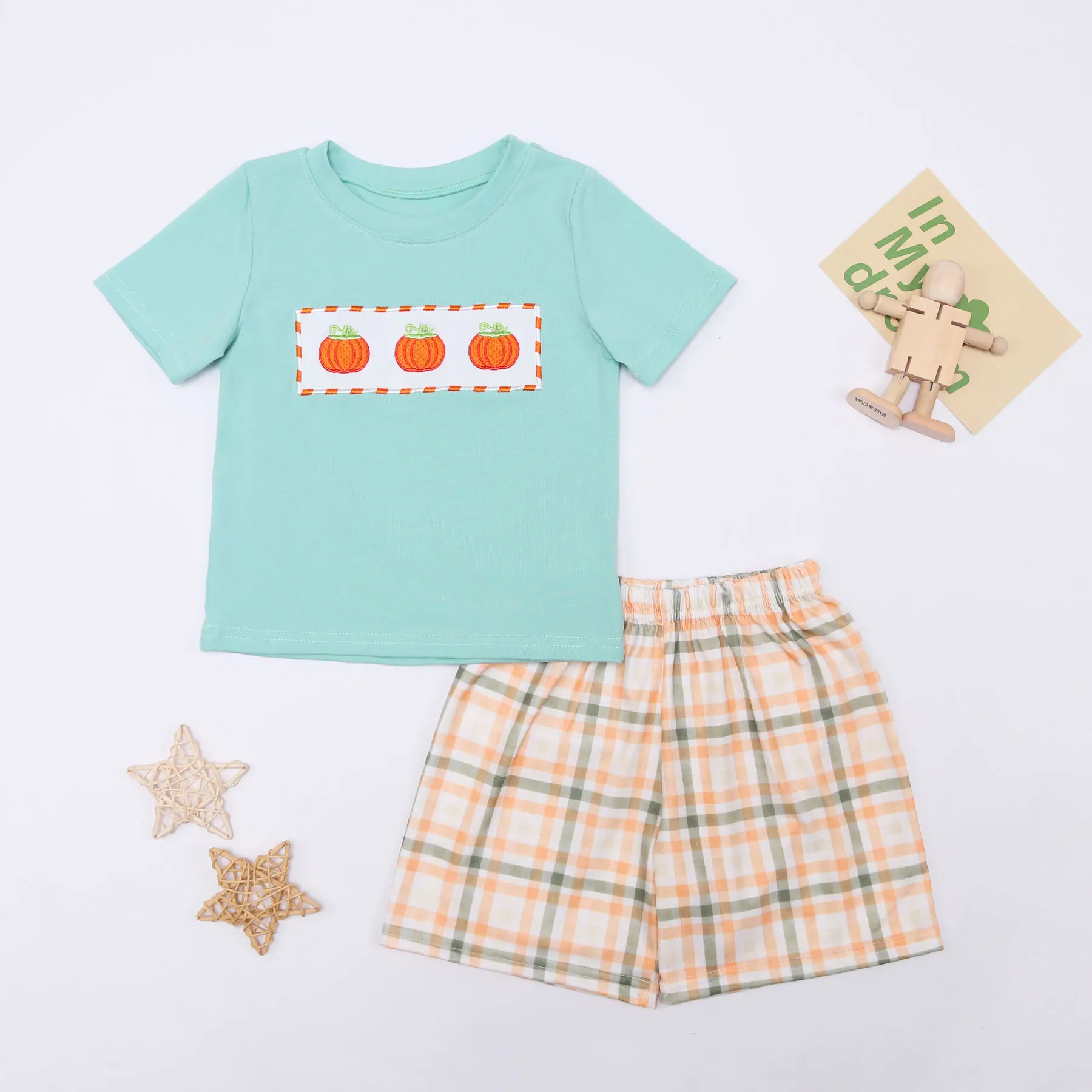 

Halloween Children's Outfits Baby Boys Mint Clothes Set Pumpkin Embroidery Bodysuit Toddler Suit Kid T-shirt 1-8T Lattice Shorts