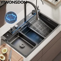 Nano Multifunctional Kitchen Sink Large Single Slot Integrated Digital Display Waterfall Faucet Soap Dispenser Cup Washer Pure 1