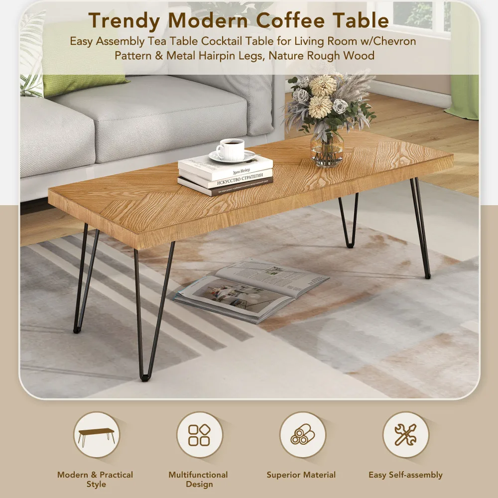 Modern Coffee Table with Chevron Pattern & Hairpin Legs, Easy Assembly, Thicken Cocktail Table, Ash Wood Finish 6