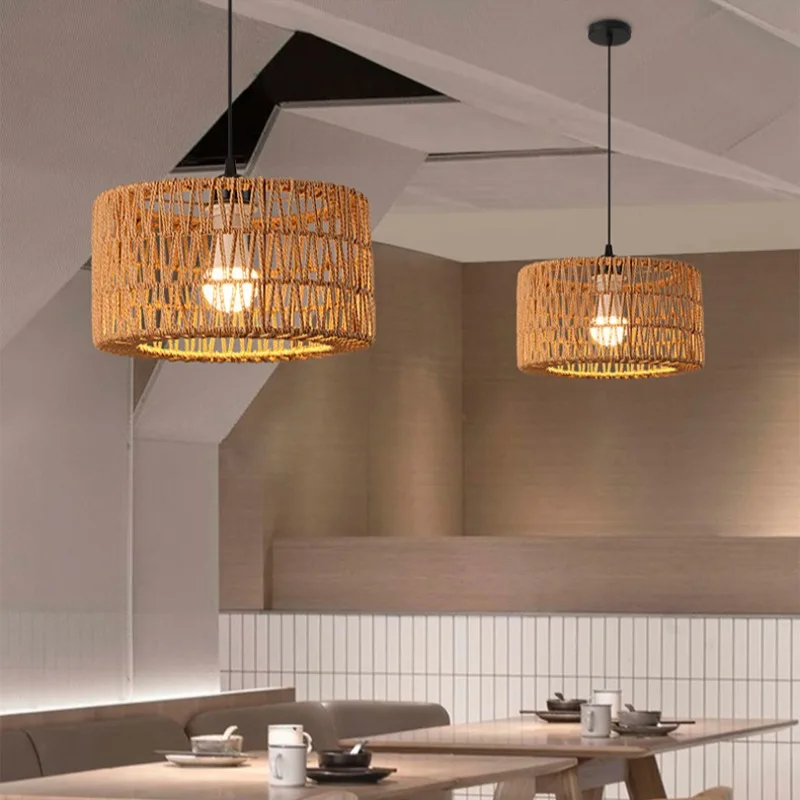 Boho Rattan Pendant Light Fixture Vintage Farmhouse E27 Hand Woven Hemp Rope Hanging Chandelier Retro Wicker Basket Pendant Lamp