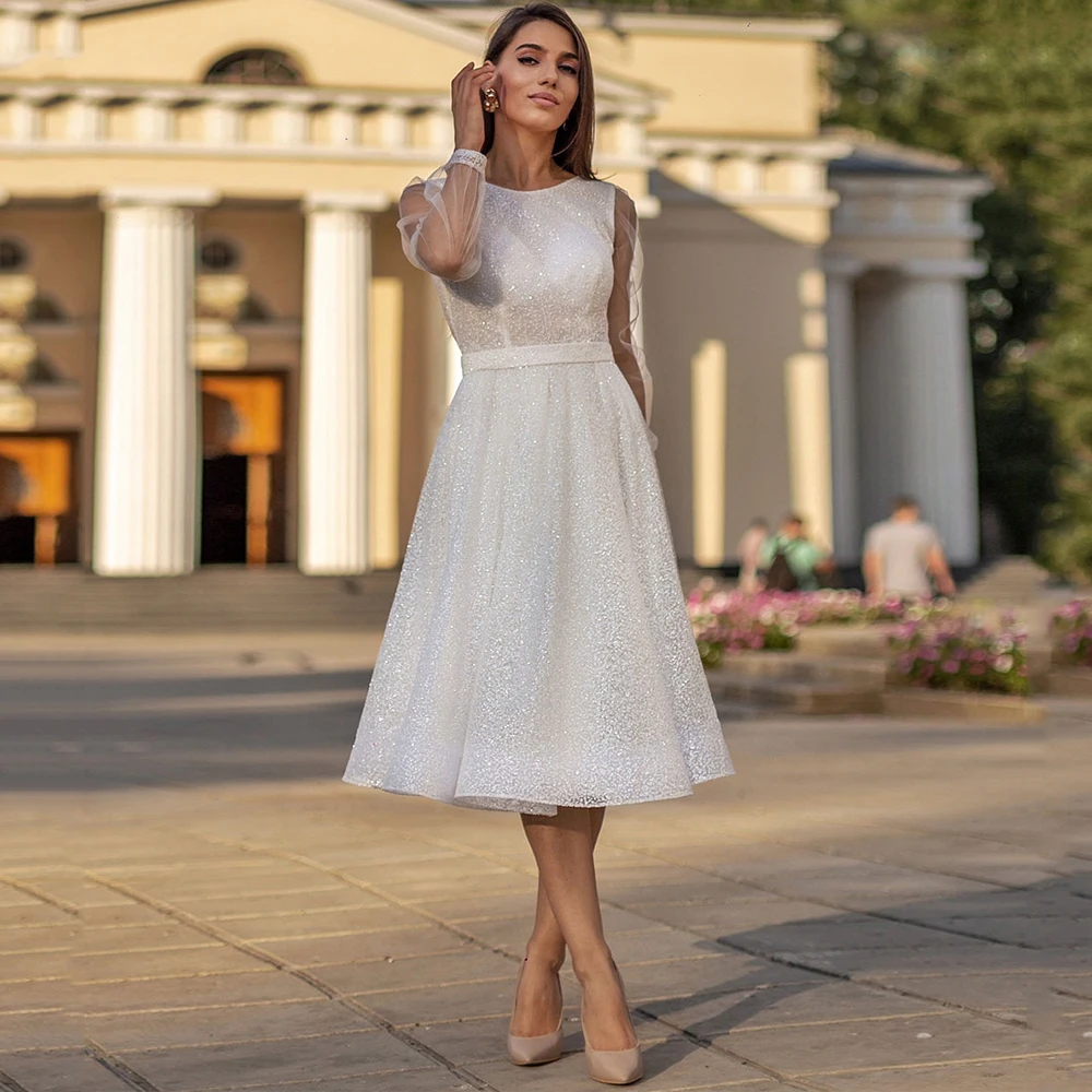 Glamorous White Sparkle Prom Dresses Woman Tea Length Draped A line