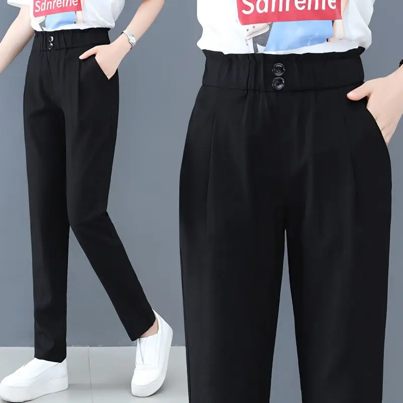 여성용 단색 버튼 포켓 하렘 바지, 클래식 스트레이트 실린더, 캐쥬얼 하이 웨이스트, 루즈 올 매치 여성용 바지, 신제품 