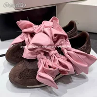 Retro Mixed Color Bow Knot Suede Flat Vulcanized Shoes Round Toe Silk Casual Lady Shoes Autumn New Size 36-40 Training Shoes 1