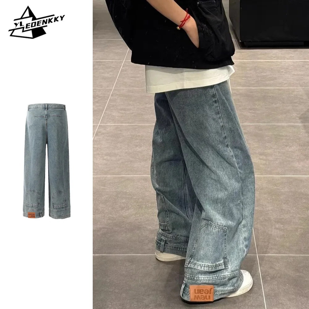 

High Street Jeans Men Women Reversible Design High-waisted Denim Trousers Washed Straight-leg Baggy Pants Hip-hop Unisex Jeans