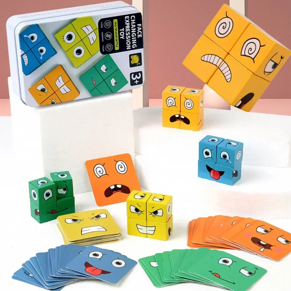 Cube Face Changing Wood Puzzle Building Blocks Board Game Montessori Expression Wooden Blocks For Children Kids Toys Gift