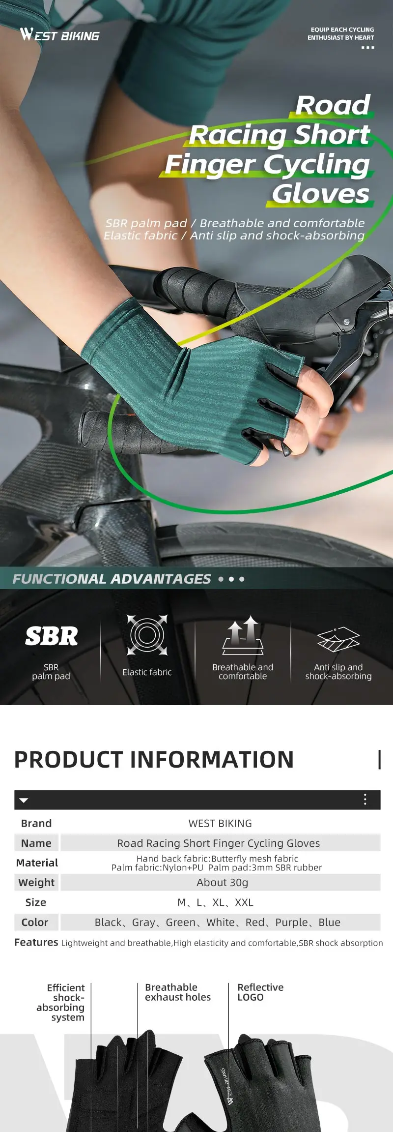 Description Picture 2 of itemWEST BIKING Summer Half Finger Cycling Gloves Ultralight Breathable Road Bike Racing Gloves Anti-Slip SBR Pad Cooling Sport Gear