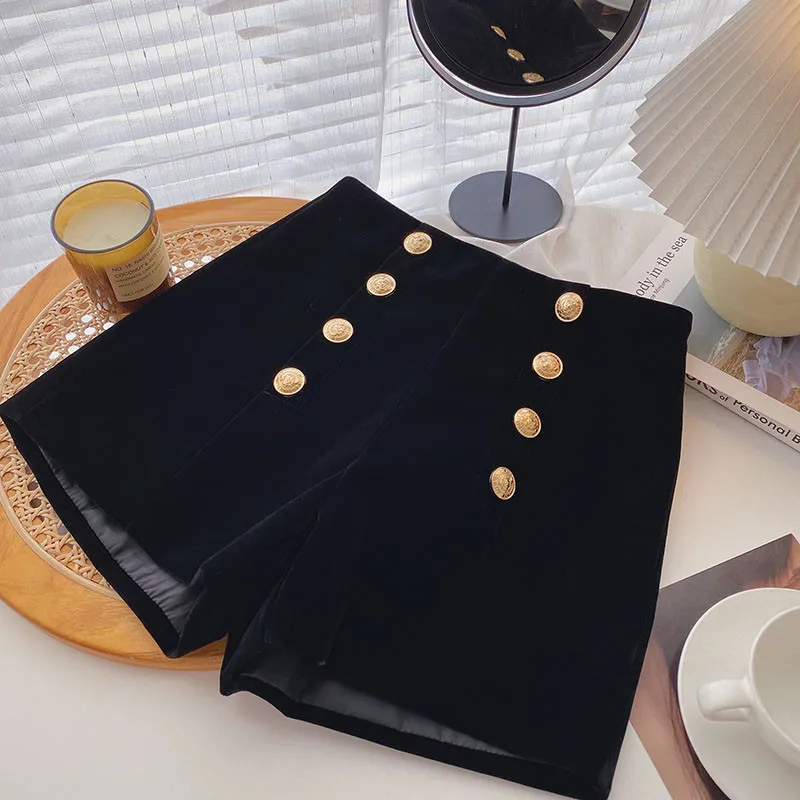 

Korean Golden Velvet Shorts 2022 Autumn Winter Women High Waist Double Breasted Casual Shorts Office Lady A Line Wide Leg Shorts