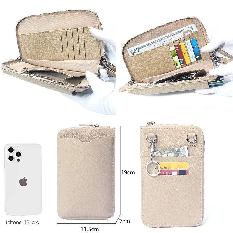 Genuine Leather Mini Shoulder Crossbody Bag Woman Adjustable Straps Zip Messenger Bags Multi-Card Slots Phone Bag with Keychain