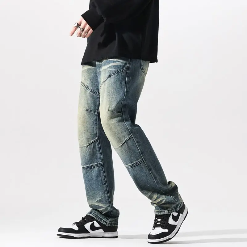 Spring and autumn vintage Distress washed mini flare jeans for men's American high street loose straight leg spring pants