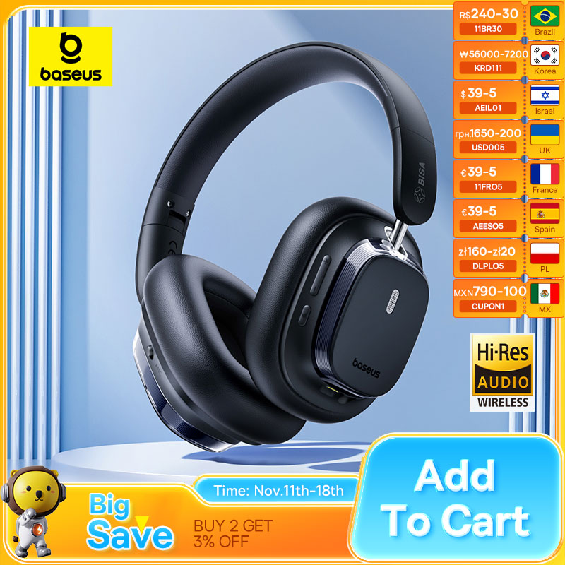 Baseus Bowie 10 Max ANC Wireless Headphones Bluetooth 5.4 Hi-Res Hybrid -46dB Noise Cancelling Over Ear Headset 120H Earphones