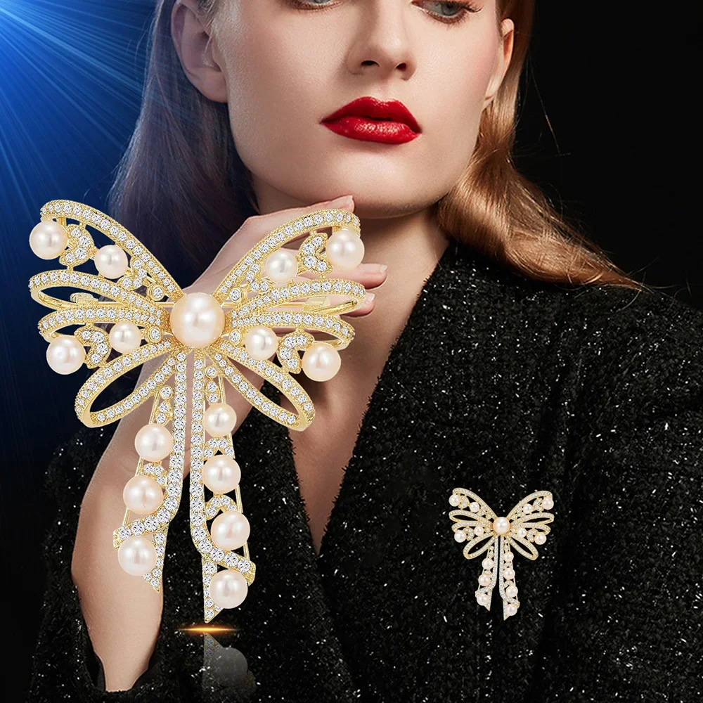 Fashion Women Bowknot Brooches Pearl Crystal Badges Classic Metal Rhinestone Bow Pins for Lady Party Wedding Jewelry Accessories