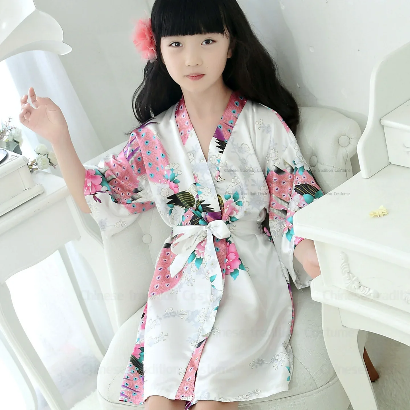 Satin Yukata Short Sleepwear Child Bathrobe Girl Peacock Print Japanese Kimono Loose Summer Spring New Loungewear Nightwear