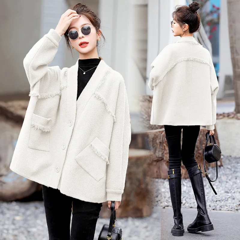 

2023 Winter New Fashion Tassel Double sided Knitted Cloth Coat Solid Color Fashion Coat Fashion Versatile