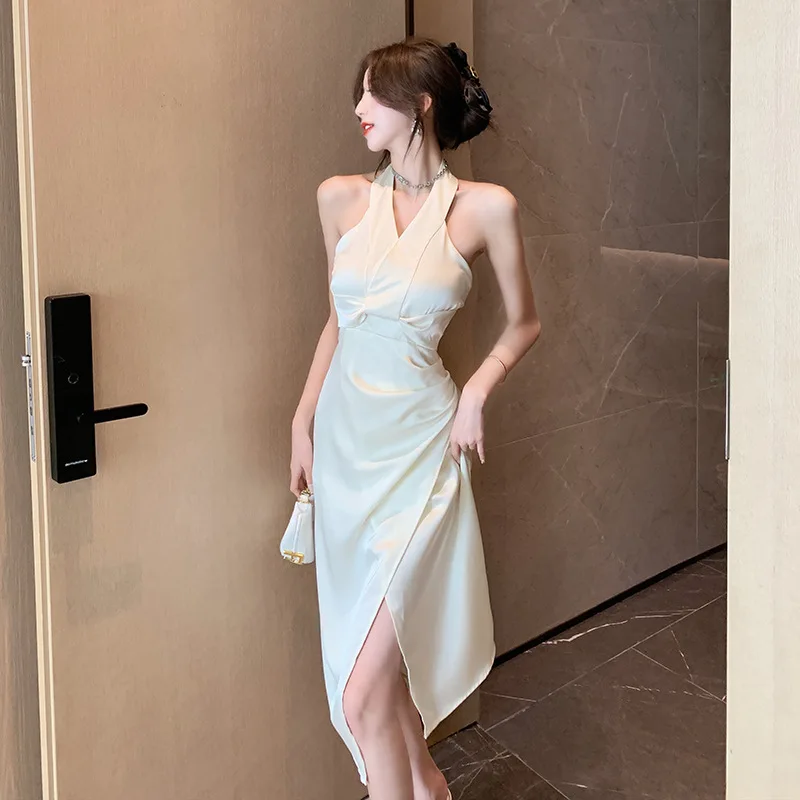 

Sexy Hanging Neck Dress with Light High End Design Sense Sweet Girl Waistband Style Korean Fashion New Celebrity 2024