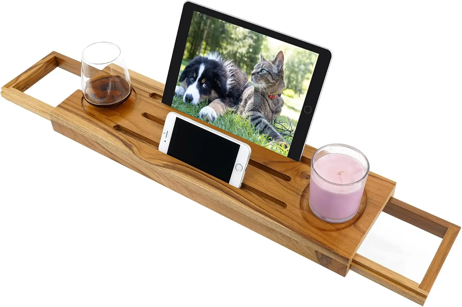 Teak Bathtub Tray Caddy-Expandable Bath Tray-Adjustable Organizer for Bathroom Luxury Bath Caddy Tub Table, Bathtub