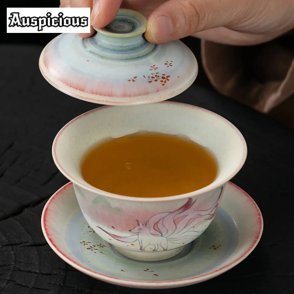 150ml Hand-painted Nine-tailed Fox Gaiwan Jingdezhen Kiln Change Wood-fired Porcelain Tea Tureen Tea Maker Cover Bowl Collection