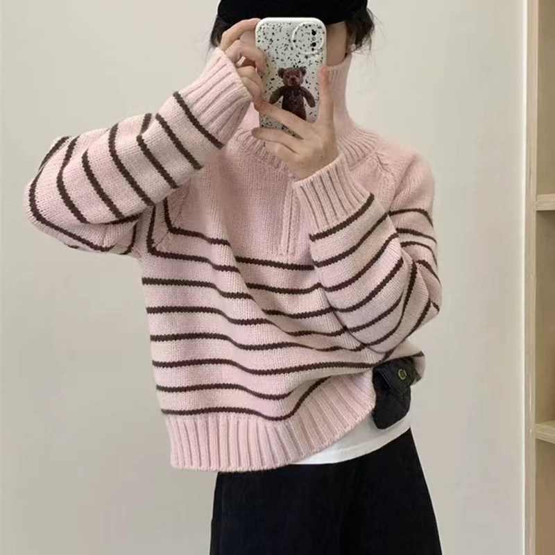2025 Fashion New Zipper Turn Down Collar Women's Long Sleeve Striped Sweater Autumn and Winter Loose Casual Knitwear Top
