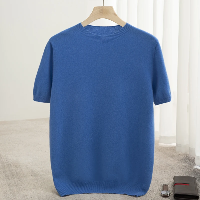 Spring Summer Men's Short Sleeved Pure Wool T-Shirt Sweater O-neck Solid Color Loose Pullover Knitted Sweater Casual Top 2