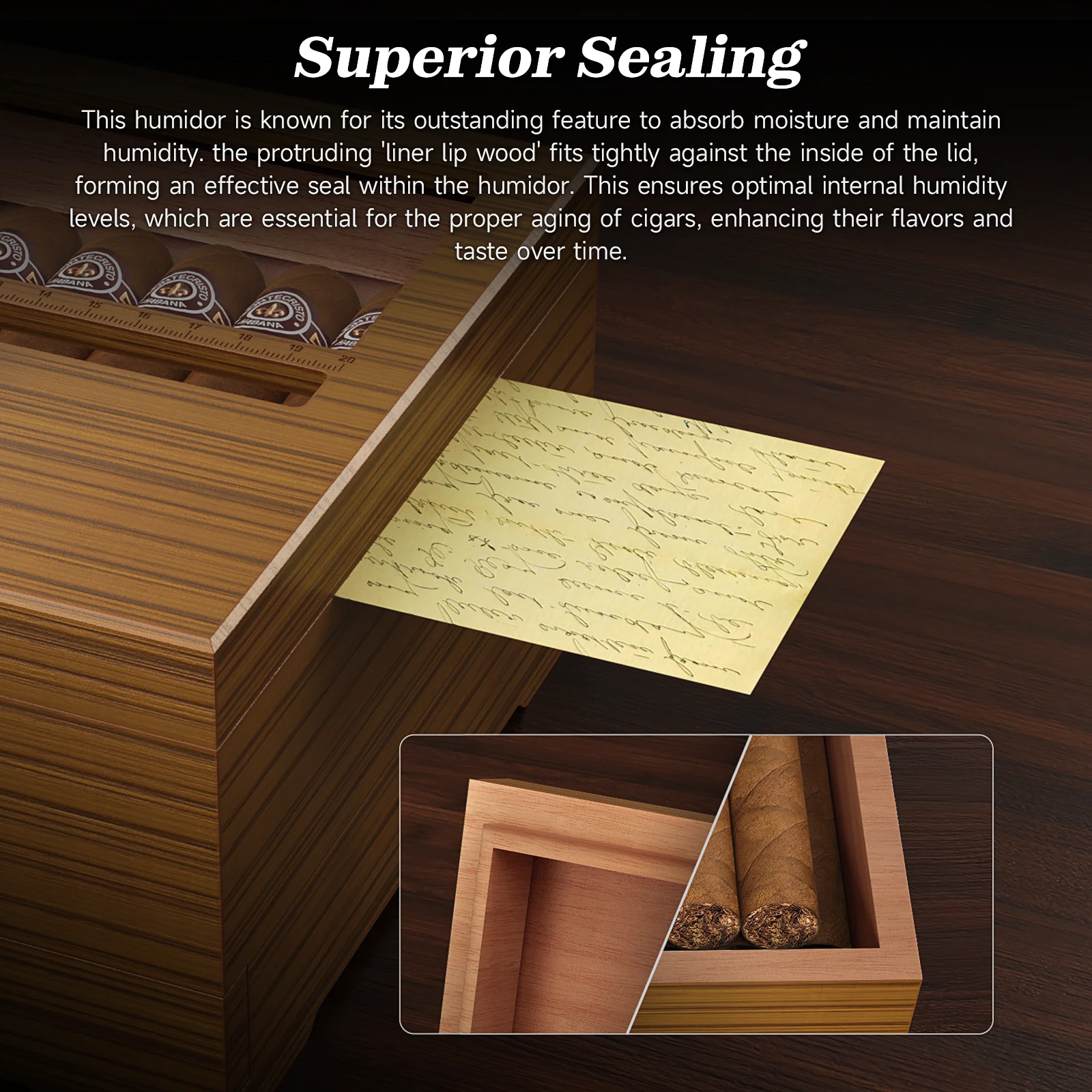 Cigar Box Humidor with Hygrometer and Humidifier, Cedar Wooden Case with Drawer, Divider, Length Gauge, Desktop Humidor Box Gift 3