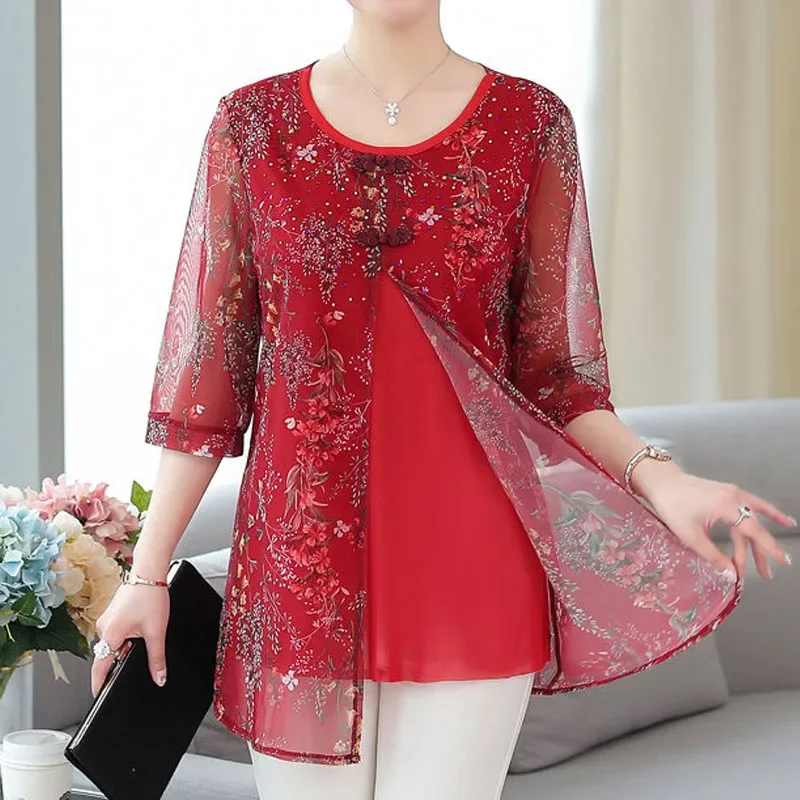 

Винтажная шифоновая футболка с цветочным принтом и рукавом до локтя, повседневные Модные Сращенные топы из двух частей с круглым вырезом, женская одежда ZL841