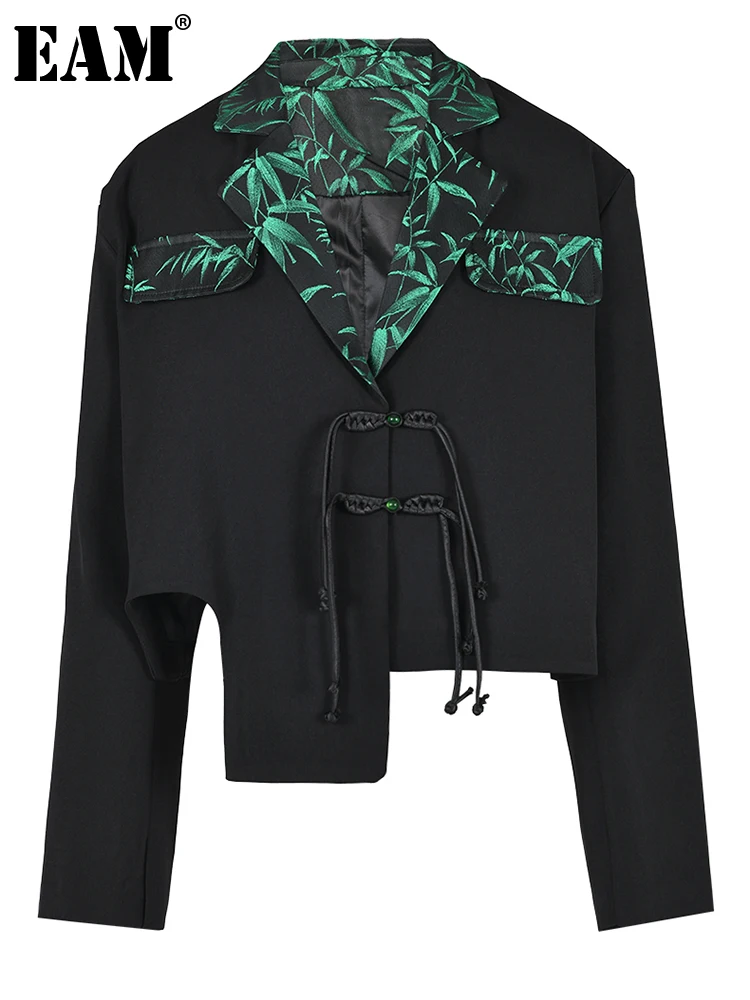 

[EAM] Женский Черный Асимметричный Блейзер большого размера с вышивкой, новая куртка с длинными рукавами и лацканами, модная весенне-осенняя коллекция 2024, CPG0497