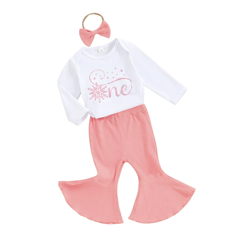 

Infant Baby Girl My 1st Birthday Outfits Snowflake Long Sleeve Romper Rib Flared Pants Hairband Cake Smash Clothes