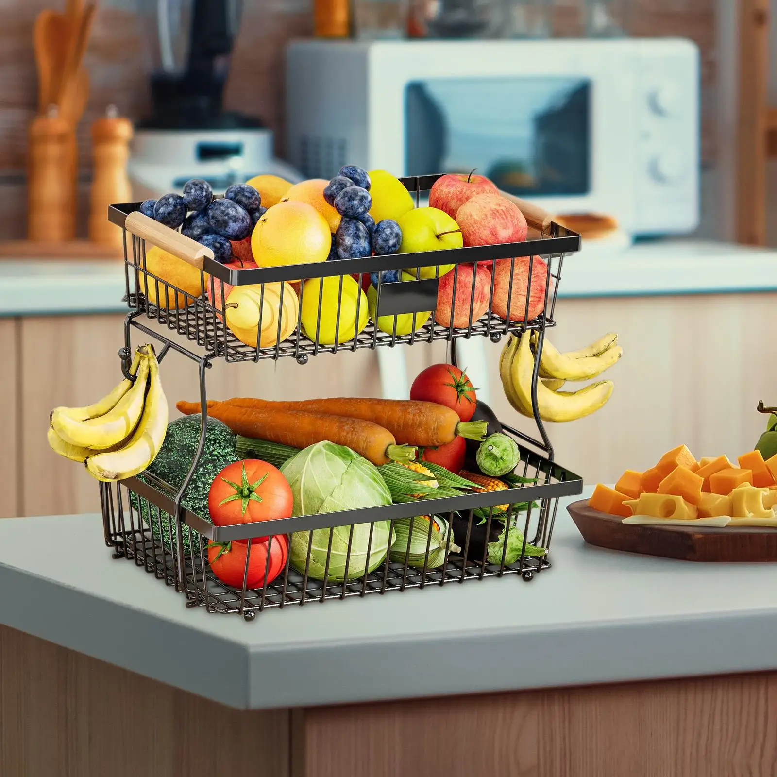 

2 Tier Fruit Basket Metal Wire Modern with 2 Banana Hangers Countertop Decorative Stand for Home Countertop Kitchen Hotel Snack