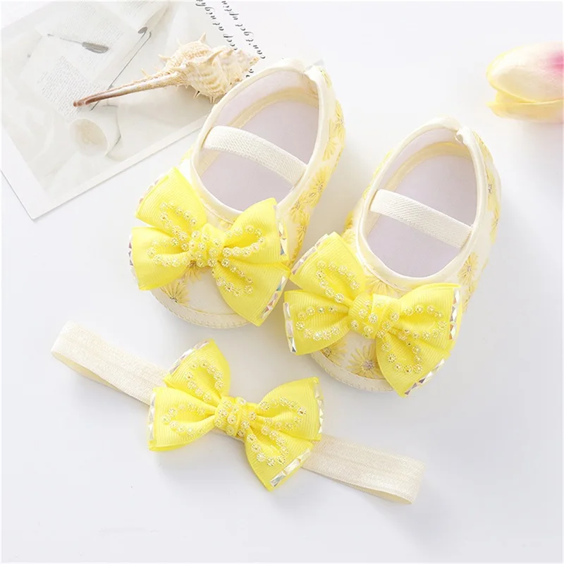 Baby Girls Mary Jane Flats Beaded Bow Princess Shoes Dress Walking Shoes and Headband for Newborn Infant Toddler