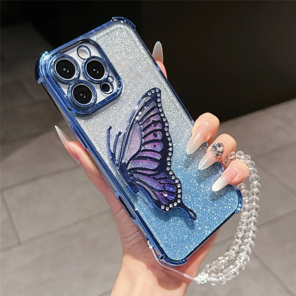 Shockproof Quicksand Butterfly Phone Case with Holder & Crystal Chain Cover