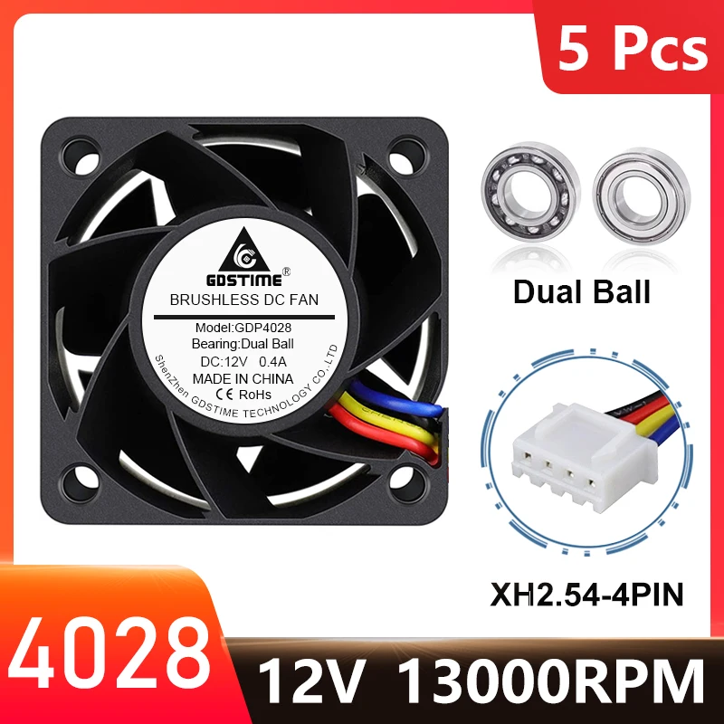 

5Pcs Gdstime 40x40x28mm 4028 40mm 4cm DC 12V Cooler 4Pin PWM Dual Ball Cabinets 13000RPM High Rotational Speed Cooling Fan