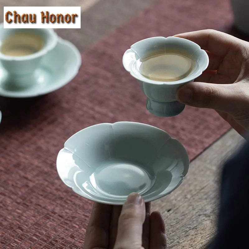 Creative Hutian Kiln Tea Cup Holder Small Cup Pad Cup Holder Trays Green Glaze Ceramic Snack Plate Kung Fu Tea Set Tea Ceremony