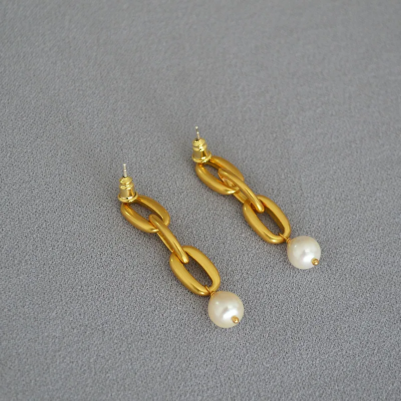 Freshwater Pearl Earrings Vintage 925 Silver Needle Gold-plated Brass Chain Drop Earrings