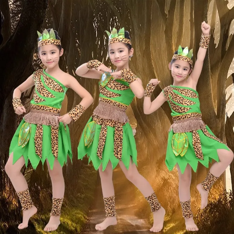 African Dress Children Costume Green Children's Wear Plays Out Costume Tage Costume African Dance Indian Savage Hunter Show Dance-BC9886