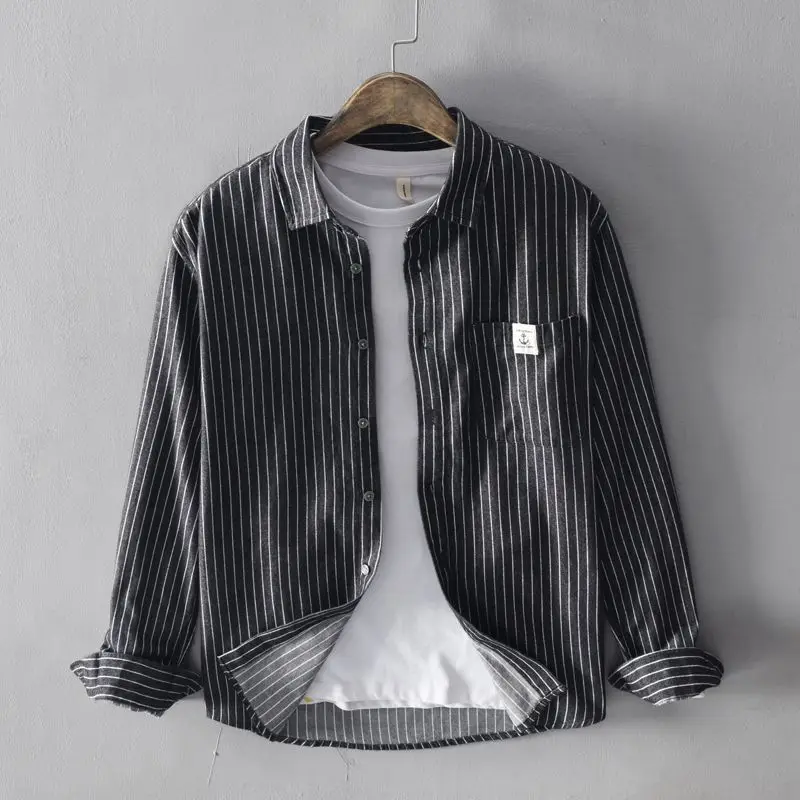 2023 Spring Autumn New POLO Collar Fashion Long Sleeve Shirt Man Korean Style High Street Striped Button Pockets Cotton Cardigan