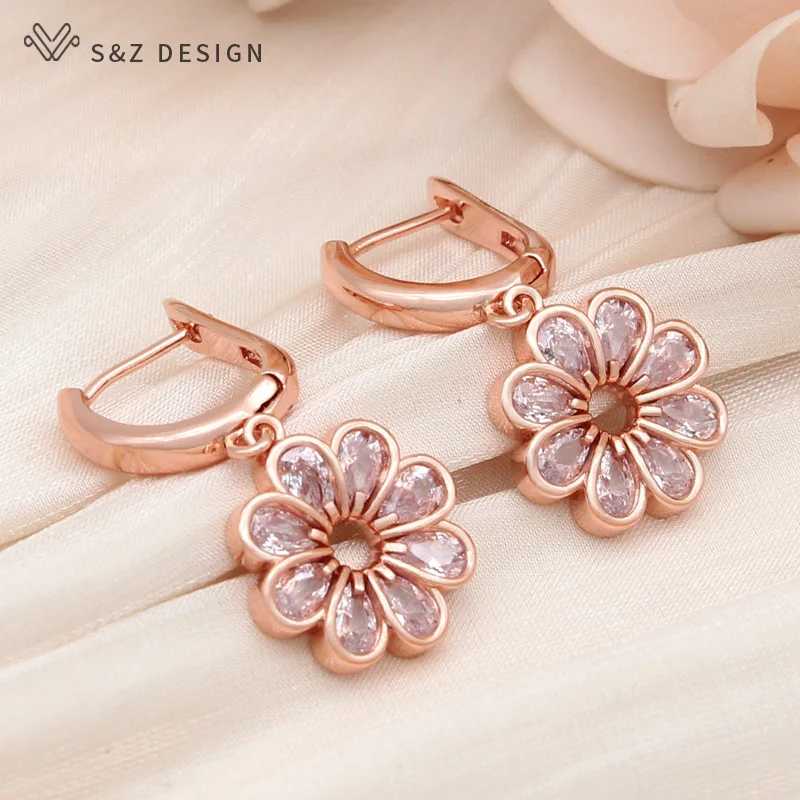 S&Z DESIGN New Fashion Cubic Zirconia Flower Dangle Earrings Jewelry Sets For Women 585 Rose Gold Color Pendant Necklace