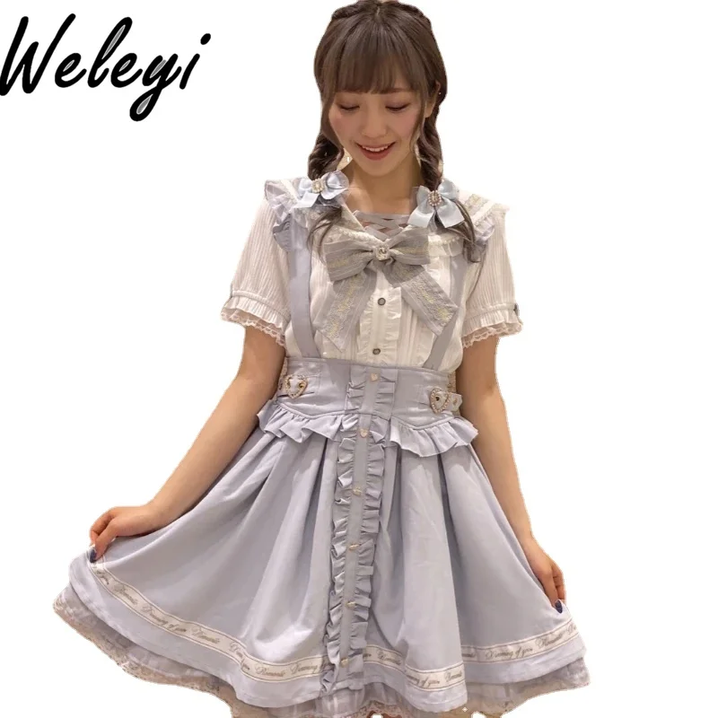 Japanese Girl Lolita Cute Strap Skirt Student Spring and Autumn New Sweet Ribbon Bow Ruffled Lace Letter Short Skirts for Women spring new fashion girls shoes butterfly mary janes shoes baby kids leather princess shoes for girl chldren flats lolita loafers