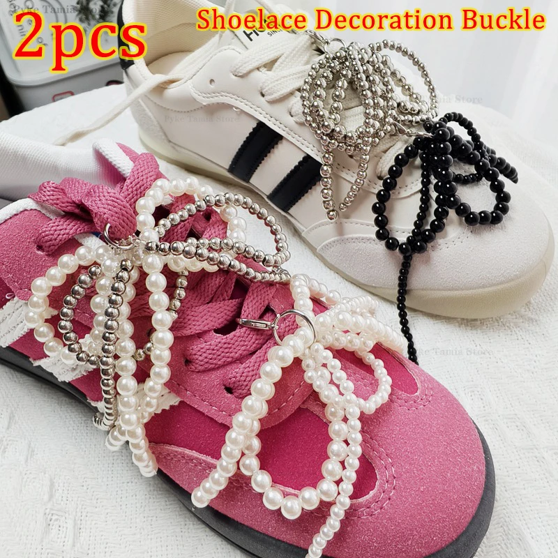 2pcs Shoelace Decorative Buckle Handmade Shoes Clip Double Layered Pearl Bead Bowknot Charm Bag Key Chain Pendant Accessories
